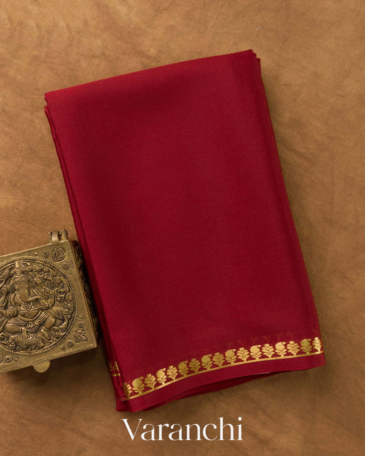 Maroon Pure Mysore Crepe Silk Saree — Folded