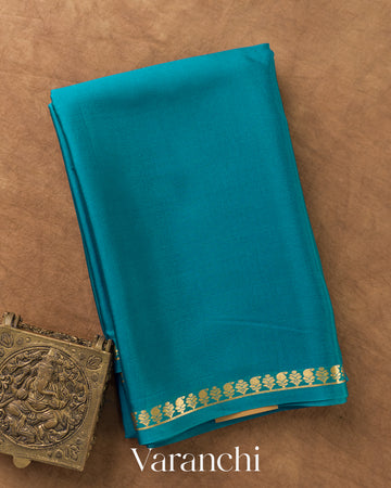 Deep Aqua Blue Pure Mysore Crepe Silk Saree