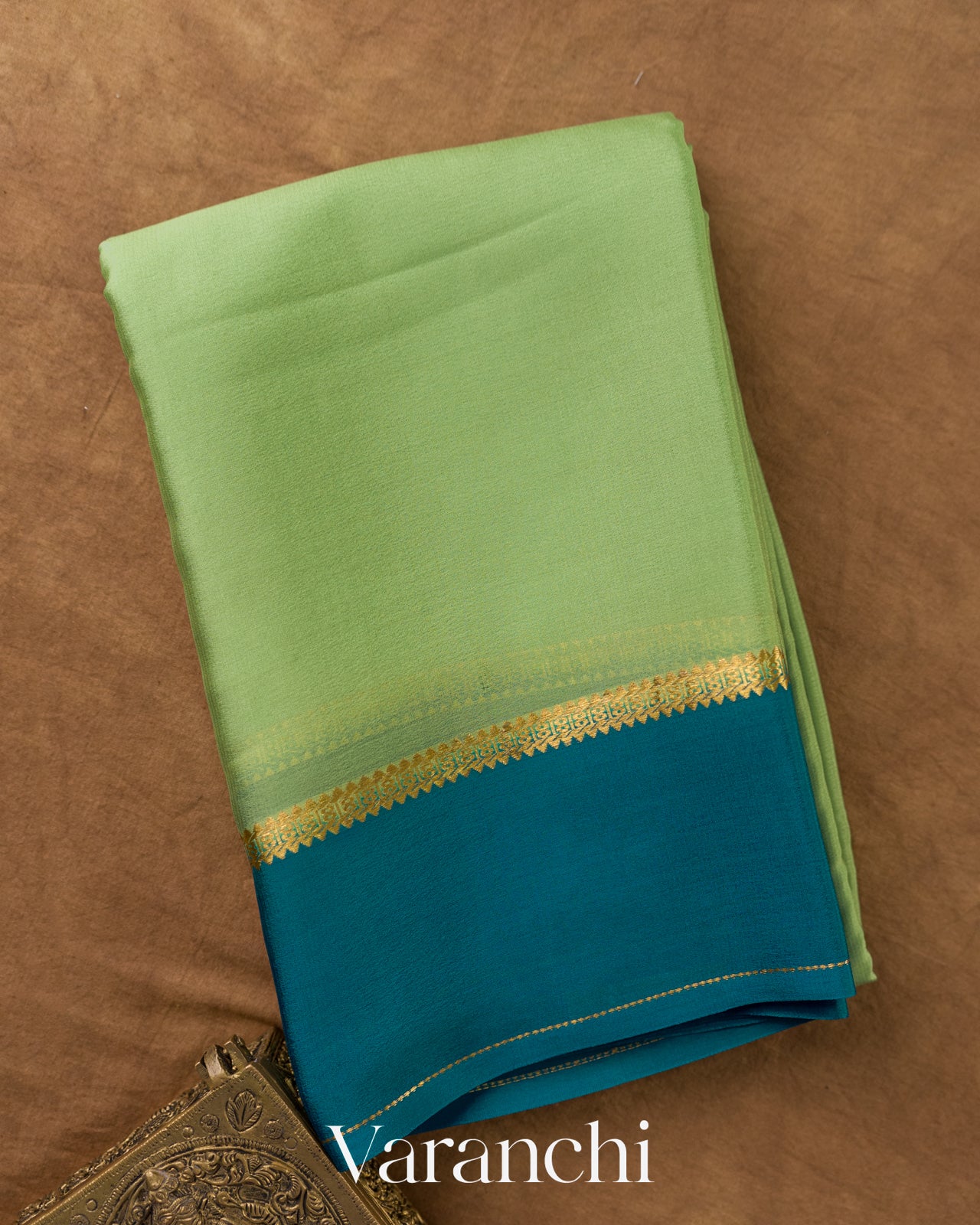 Pista Green Pure Mysore Crepe Silk Saree — Folded