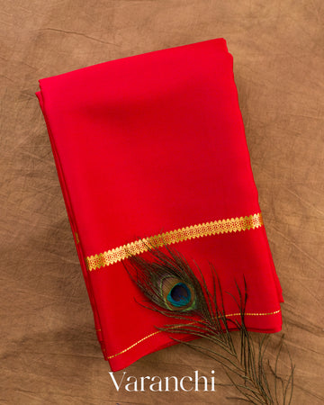 Bright Red Pure Mysore Crepe Silk Saree — Folded