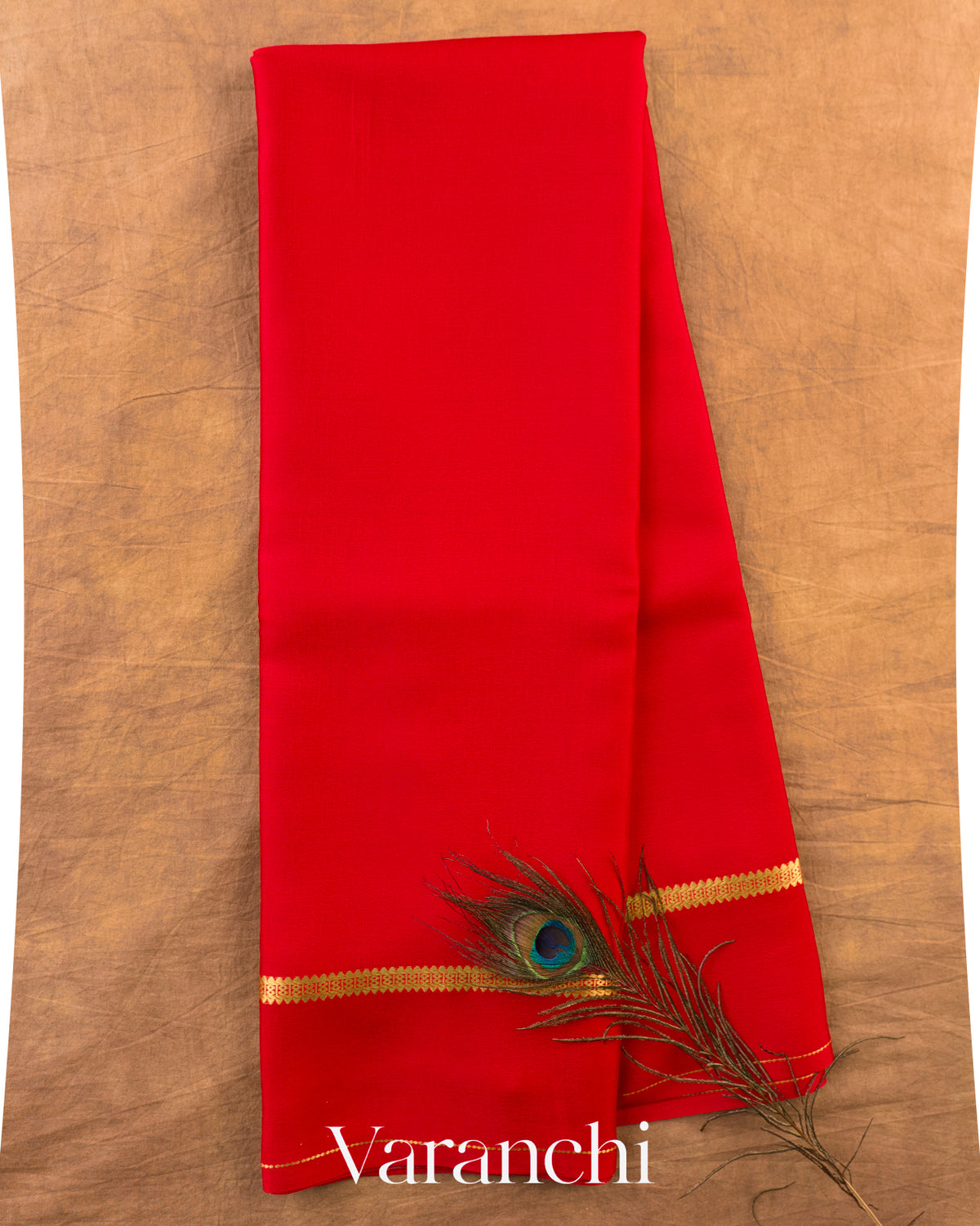 Bright Red Pure Mysore Crepe Silk Saree — Full Saree