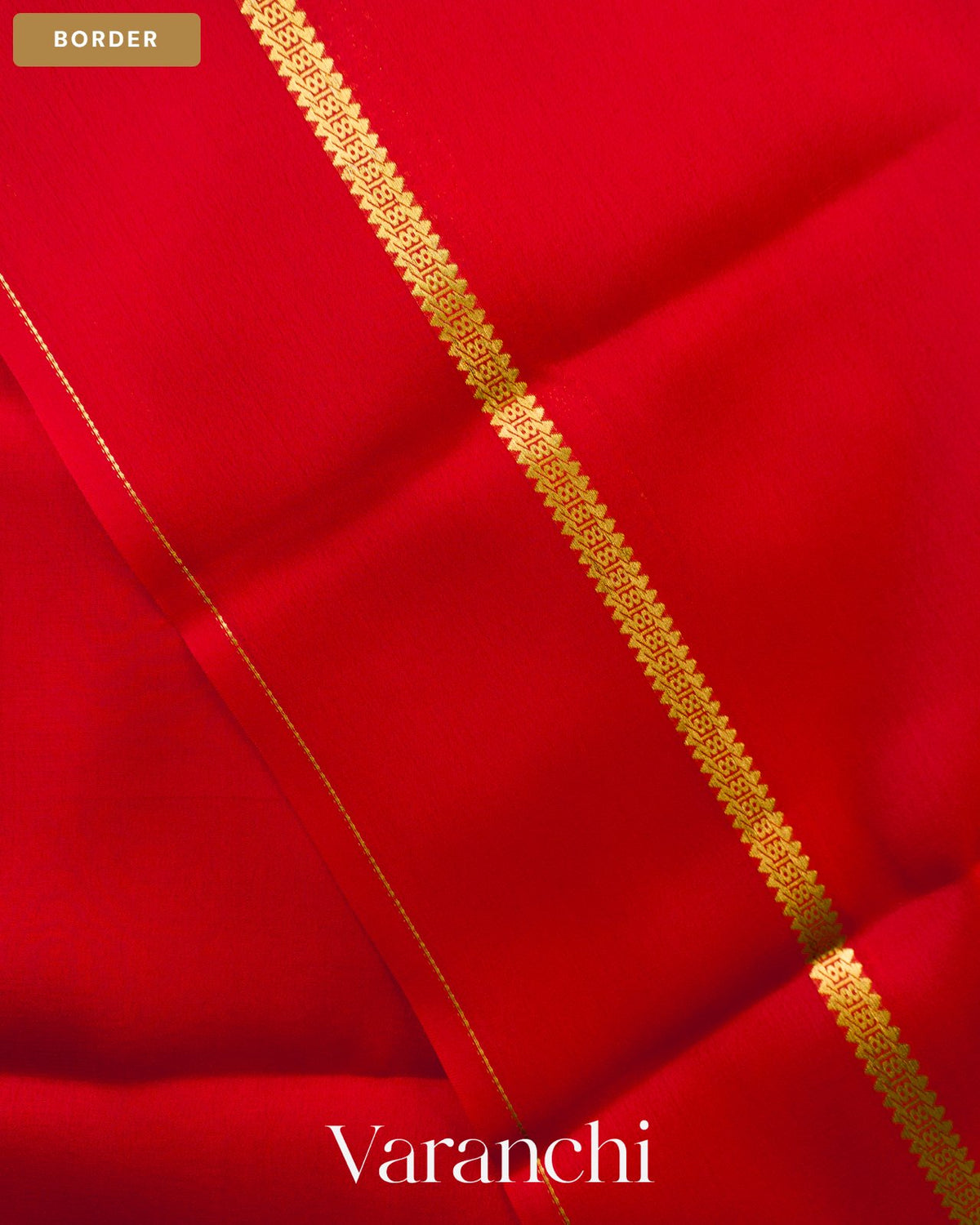 Bright Red Pure Mysore Crepe Silk Saree — Border