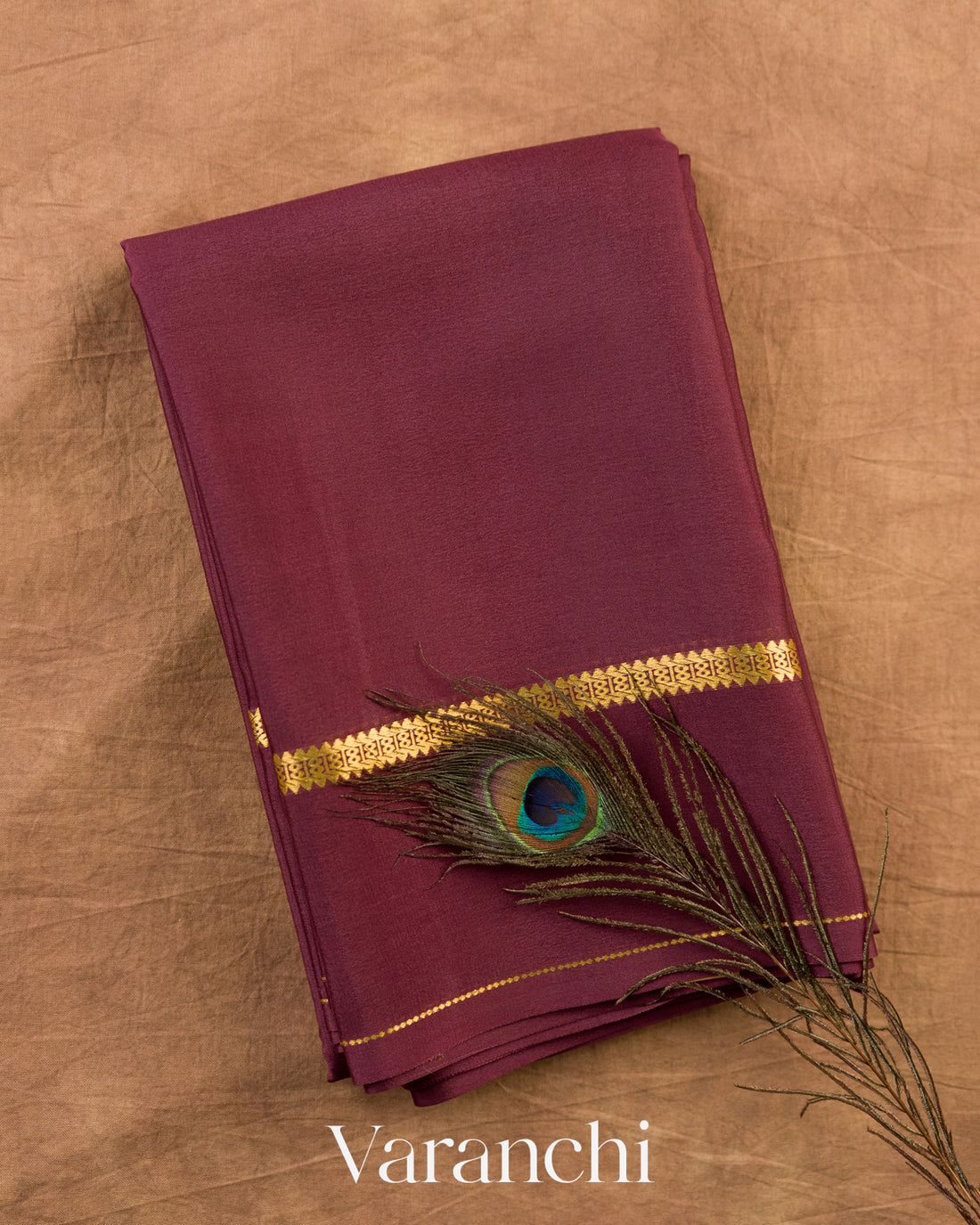 Coffee Brown Pure Mysore Crepe Silk Saree — Folded