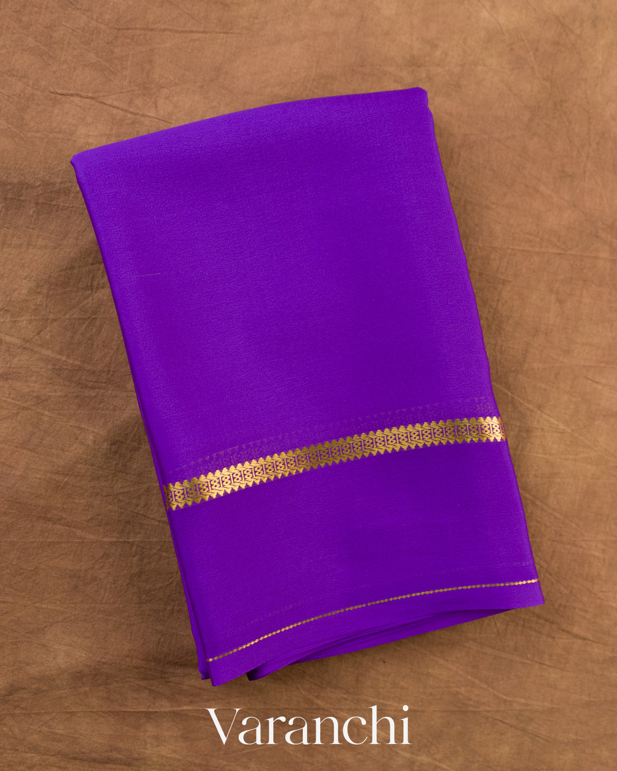 Bright Violet Pure Mysore Crepe Silk Saree — Folded