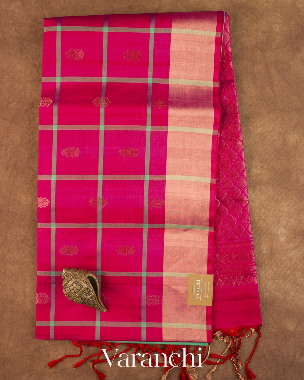 Rani Pink Checkered Pure Soft Silk Handloom Saree — Full Saree