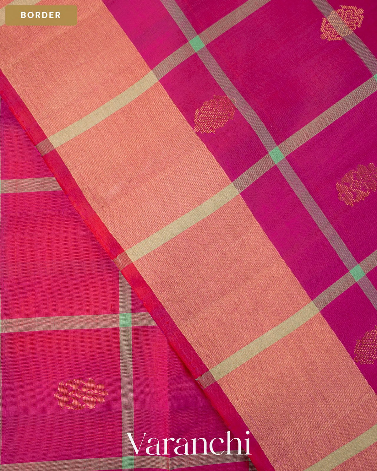 Rani Pink Checkered Pure Soft Silk Handloom Saree — Border