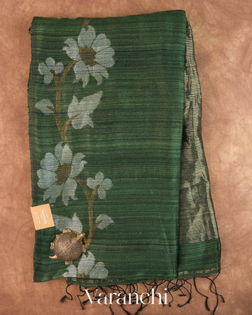 Bottle Green Jamdani Pure Matka Tissue Silk Handloom Saree — Full Saree