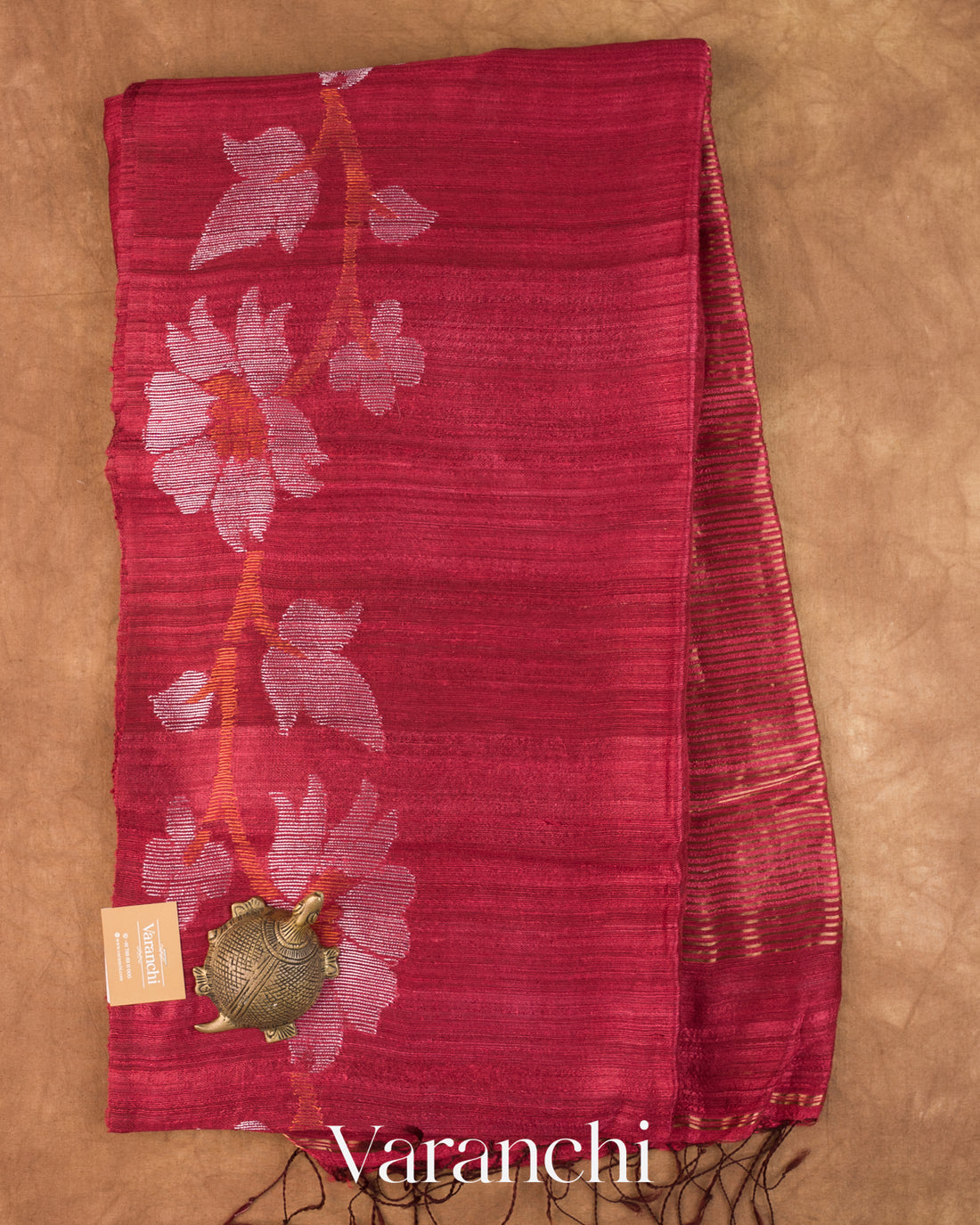 Maroon Floral Jamdani Pure Matka Silk Handloom Saree — Full Saree