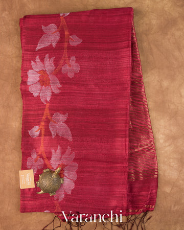 Maroon Floral Jamdani Pure Matka Silk Handloom Saree — Full Saree