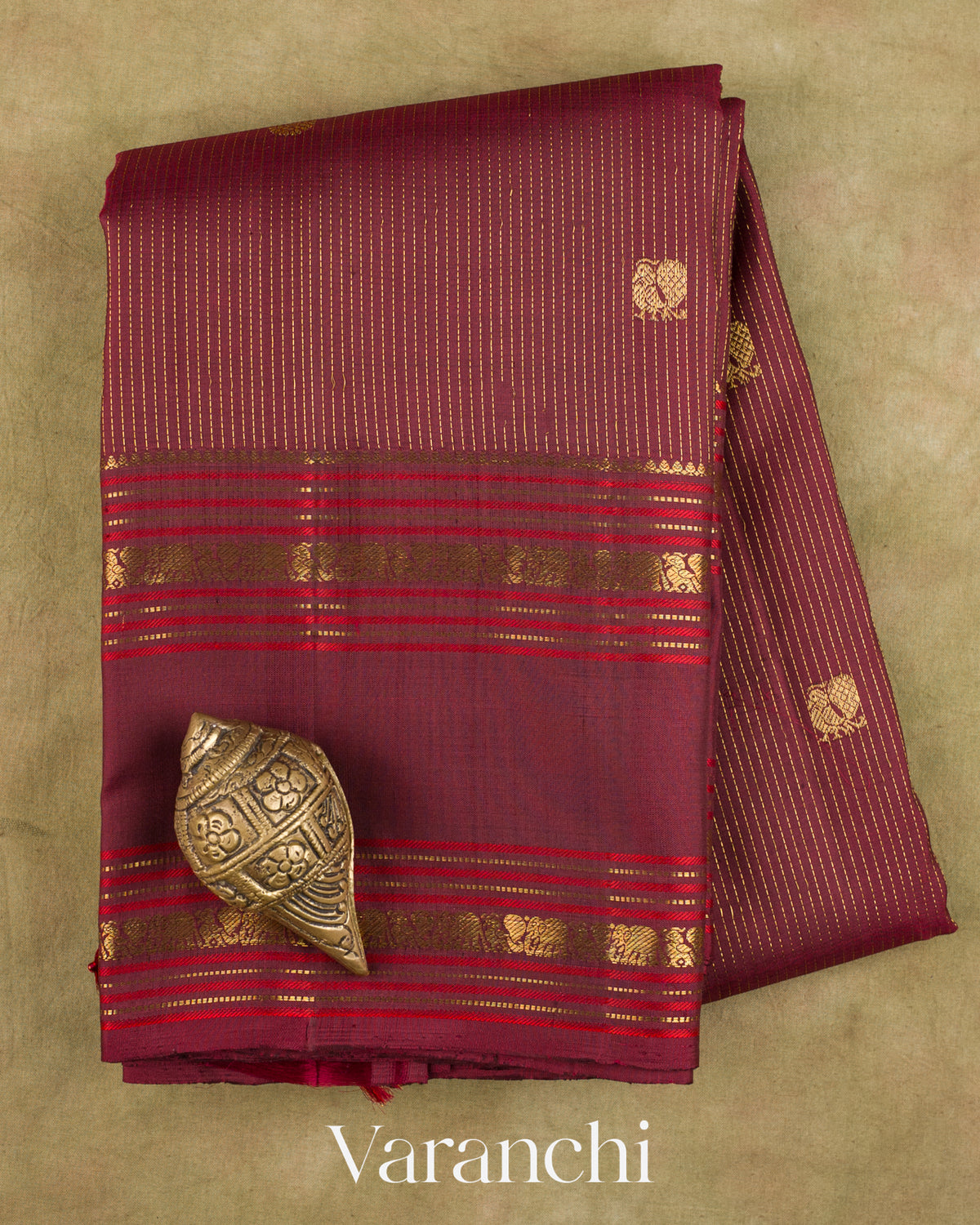Deep Maroon Pure Kanchipuram Silk Handloom Saree — Folded