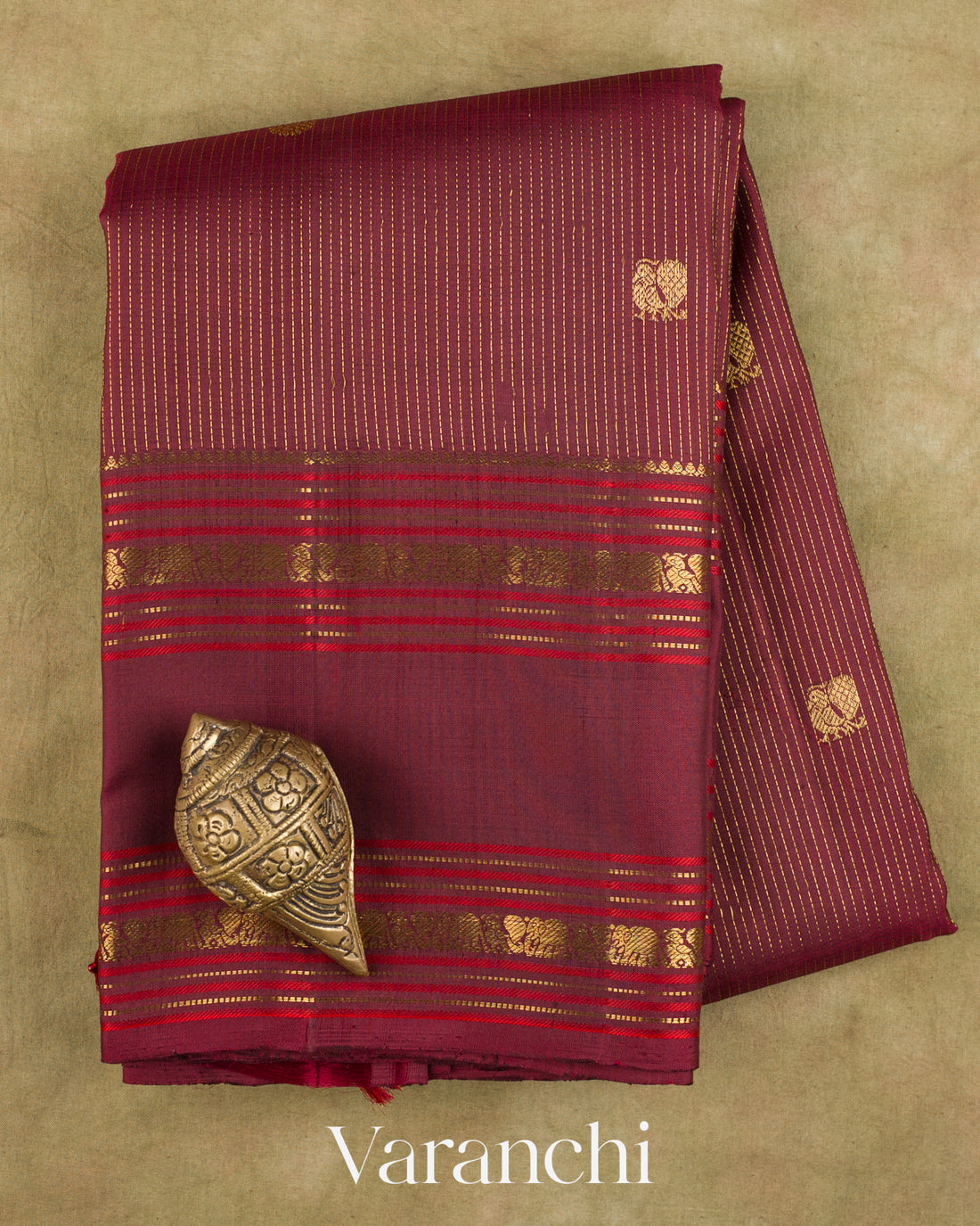 Deep Maroon Pure Kanchipuram Silk Handloom Saree — Folded