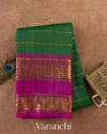 Bottle Green Striped Pure Kanchipuram Silk Handloom Saree — Folded