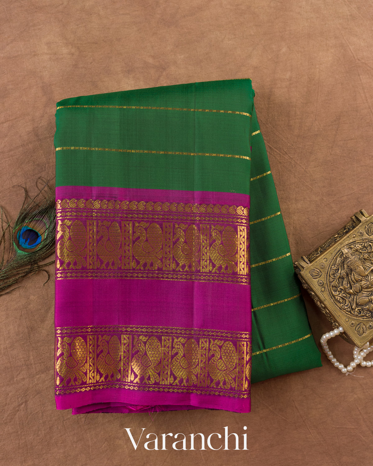 Bottle Green Striped Pure Kanchipuram Silk Handloom Saree — Folded