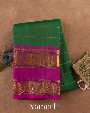 Bottle Green Striped Pure Kanchipuram Silk Handloom Saree — Folded