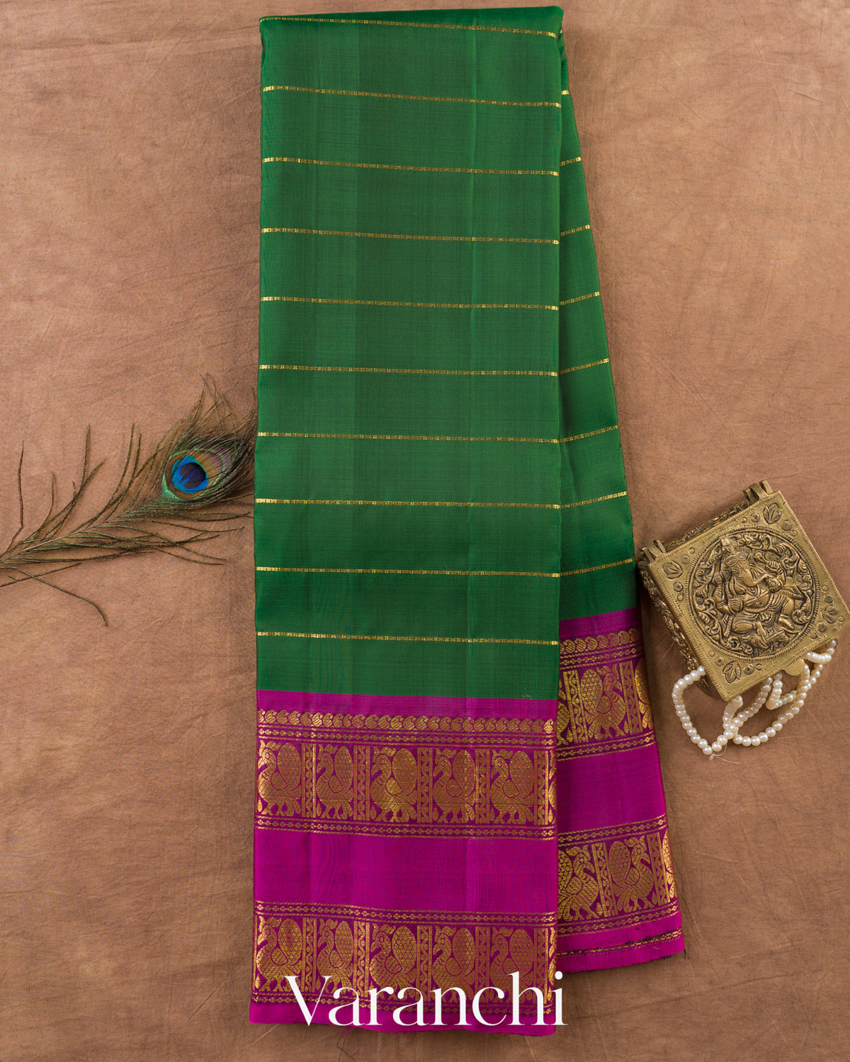 Bottle Green Striped Pure Kanchipuram Silk Handloom Saree — Full Saree