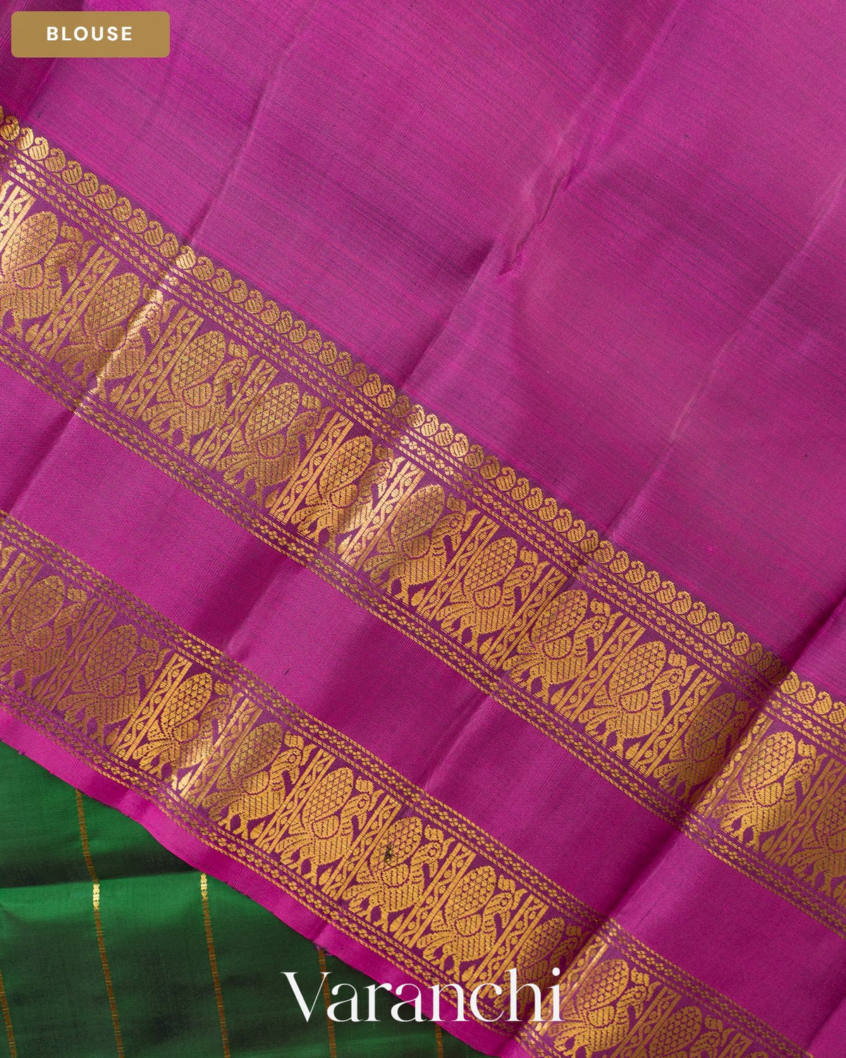Bottle Green Striped Pure Kanchipuram Silk Handloom Saree — Blouse