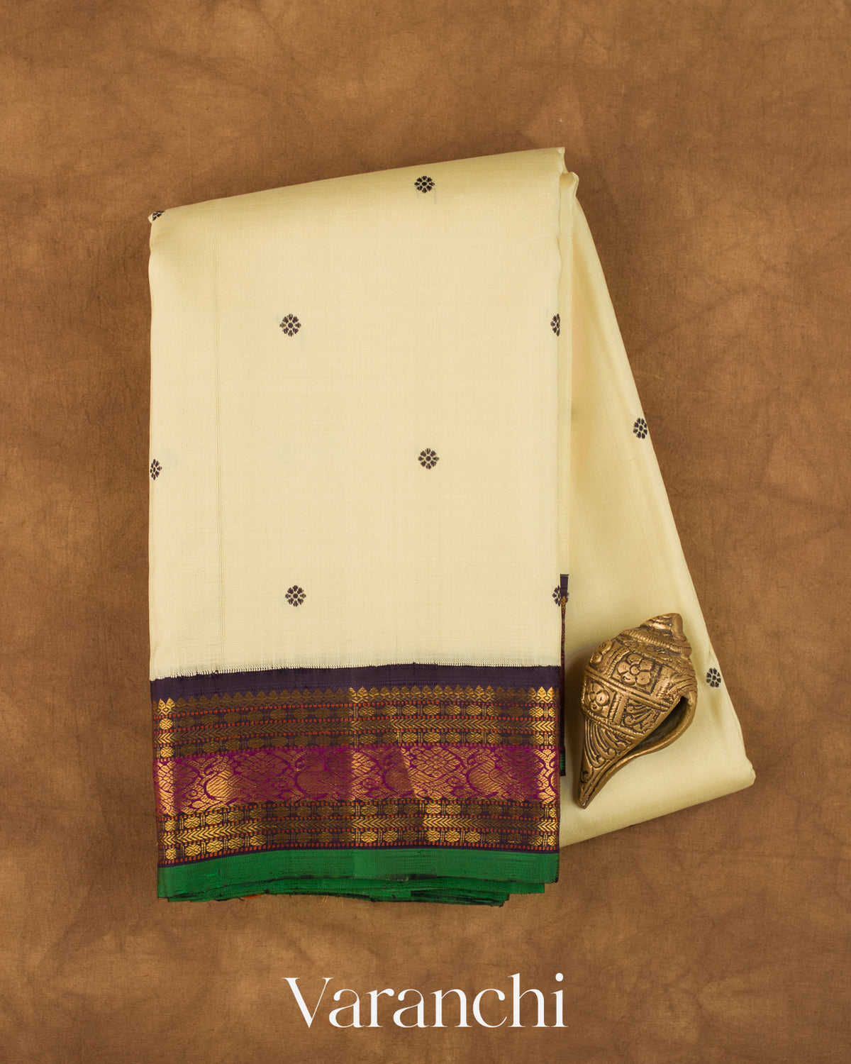 Cream Pure Kanchipuram Silk Handloom Saree — Folded