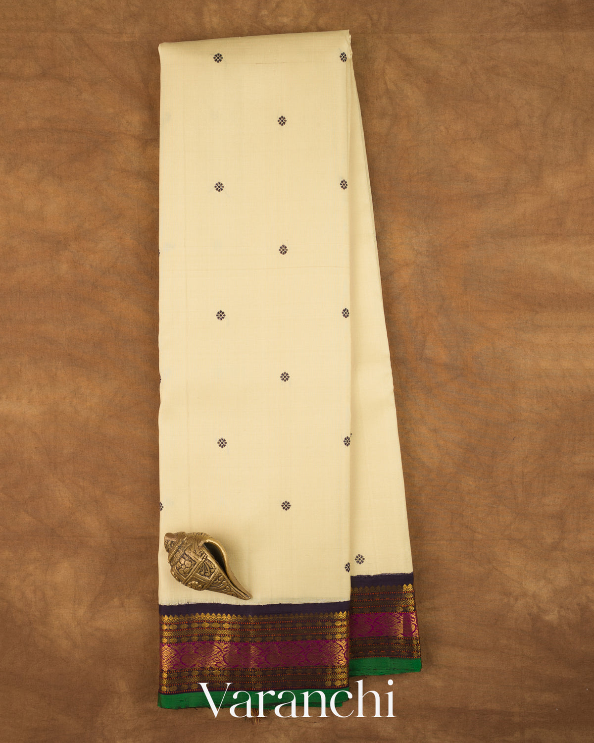 Cream Pure Kanchipuram Silk Handloom Saree — Full Saree