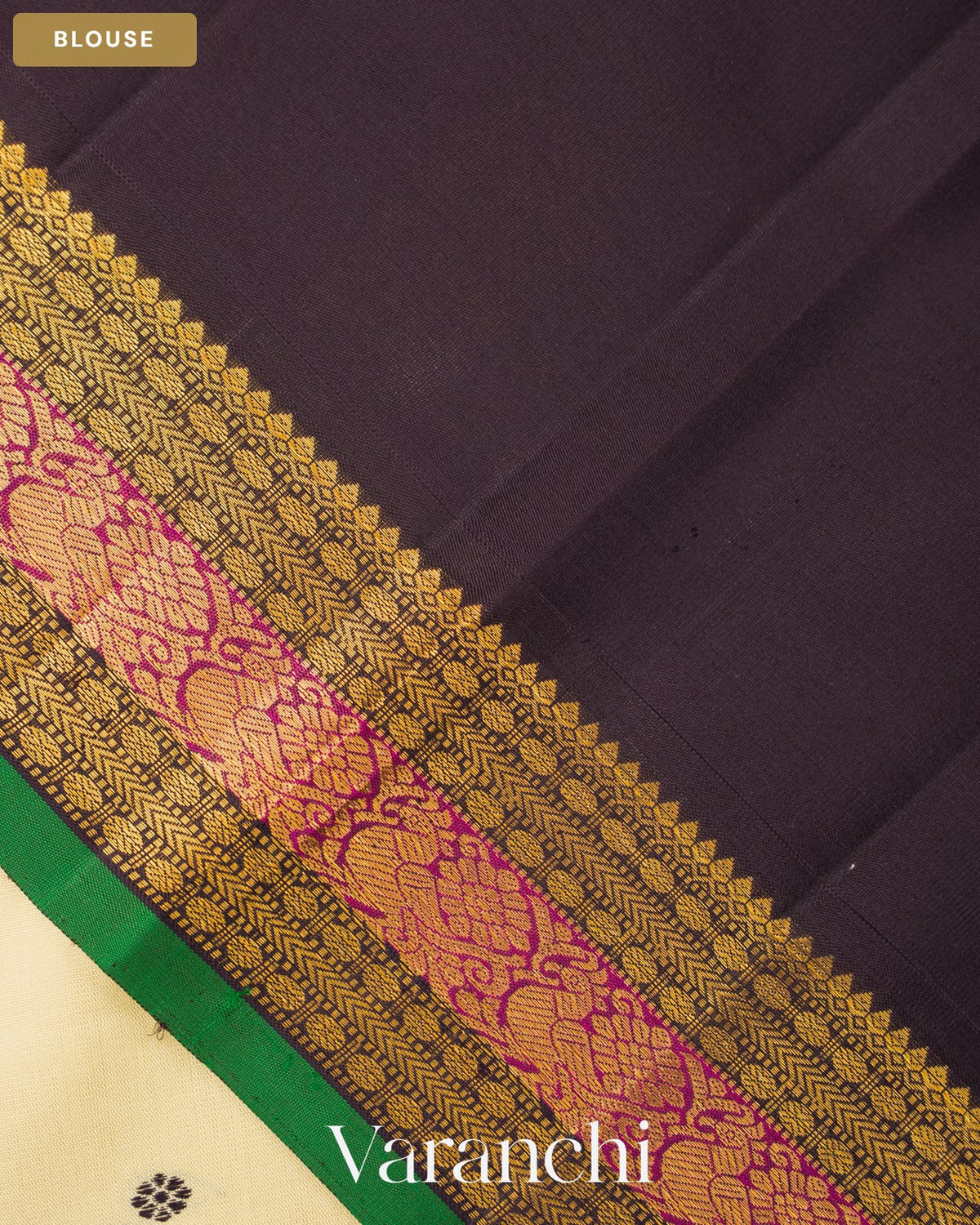 Cream Pure Kanchipuram Silk Handloom Saree — Blouse