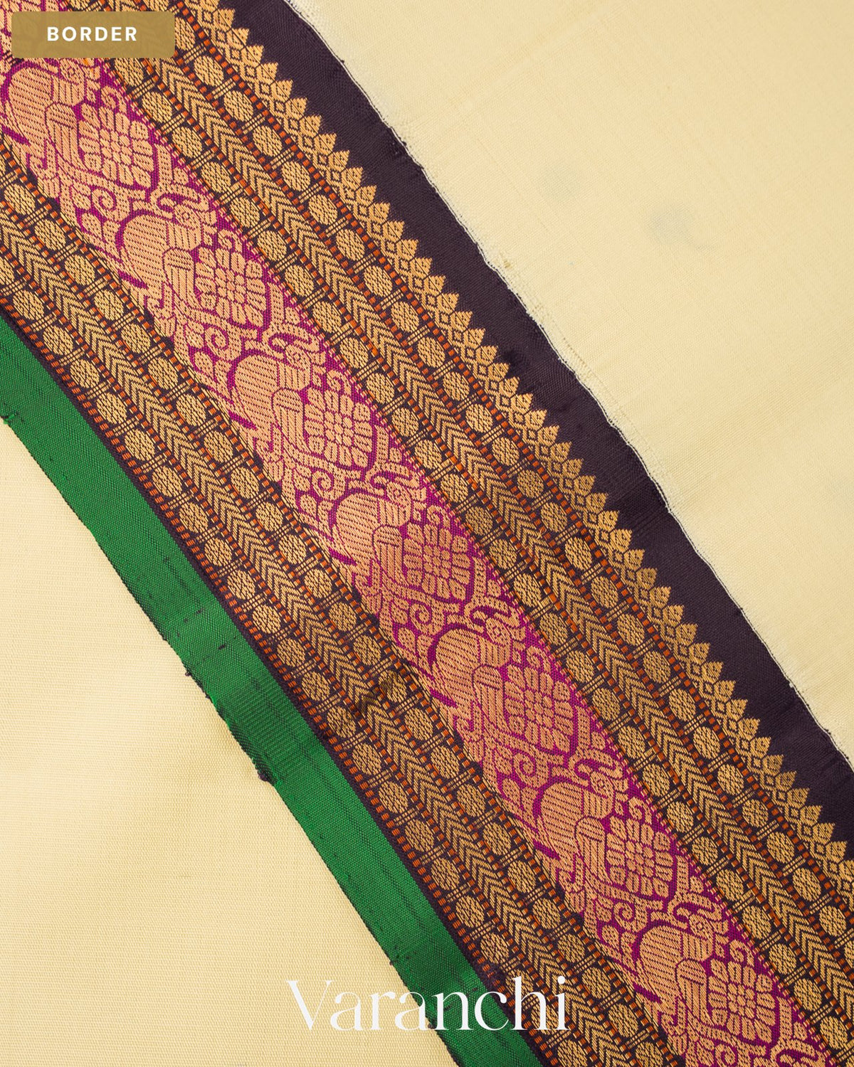 Cream Pure Kanchipuram Silk Handloom Saree — Border
