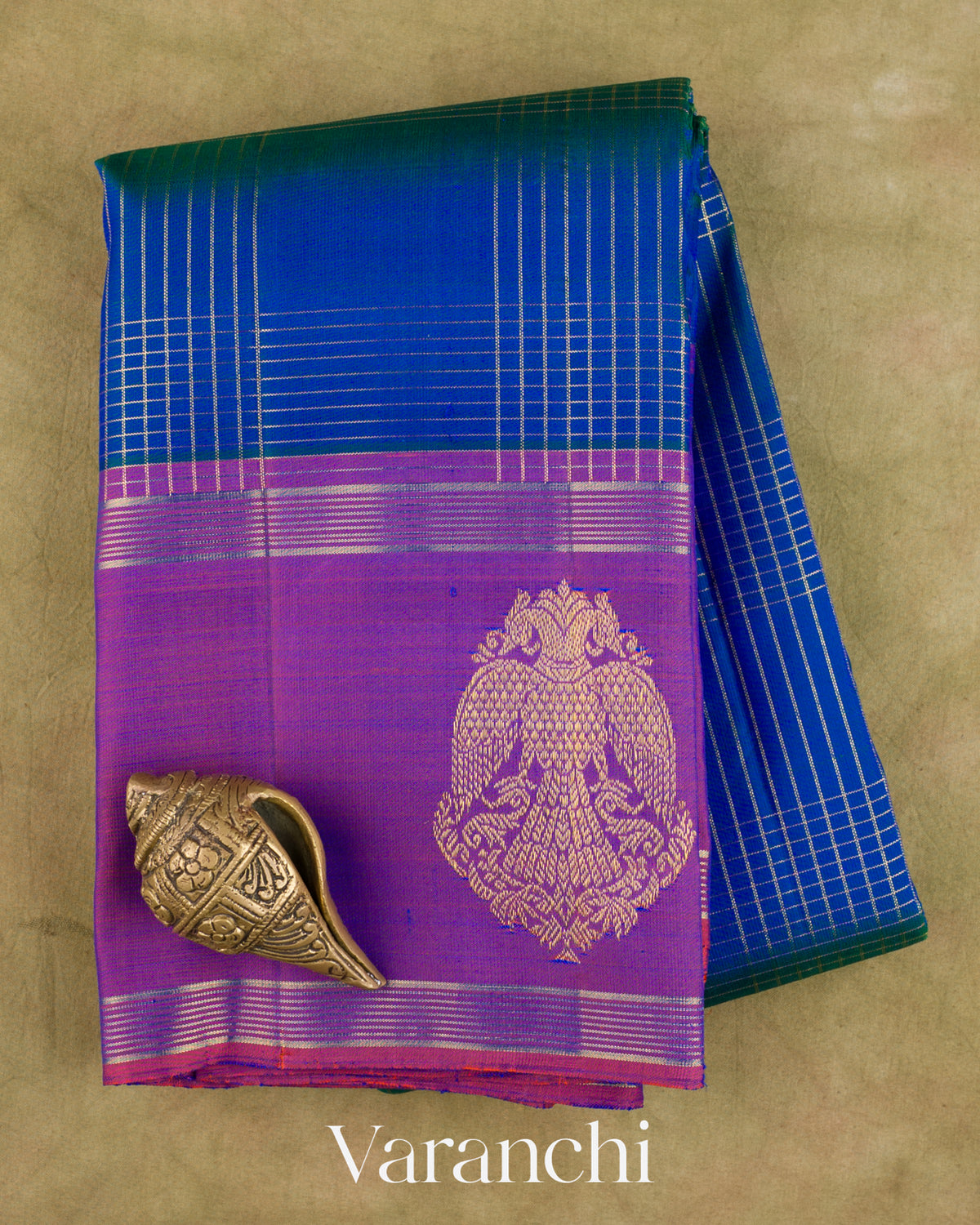 Royal Blue Checkered Pure Kanchipuram Silk Handloom Saree — Folded