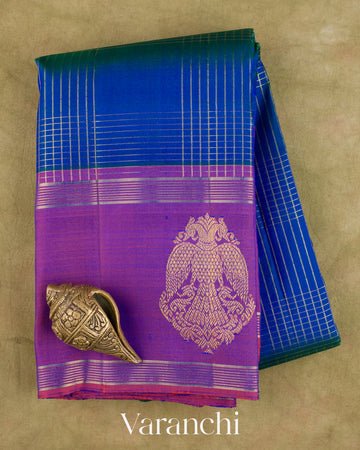 Royal Blue Checkered Pure Kanchipuram Silk Handloom Saree — Folded
