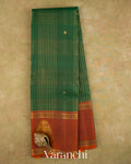 Bottle Green Checkered Pure Kanchipuram Silk Handloom Saree — Full Saree