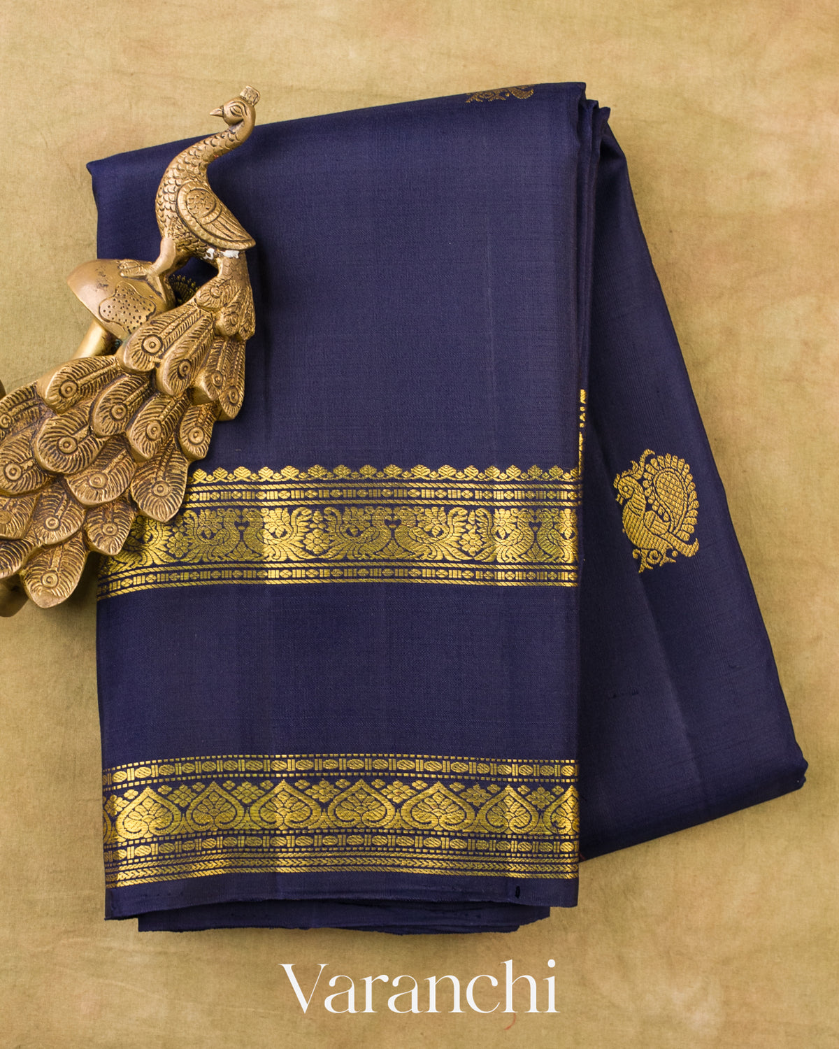 Midnight Blue Pure Kanchipuram Silk Handloom Saree — Folded