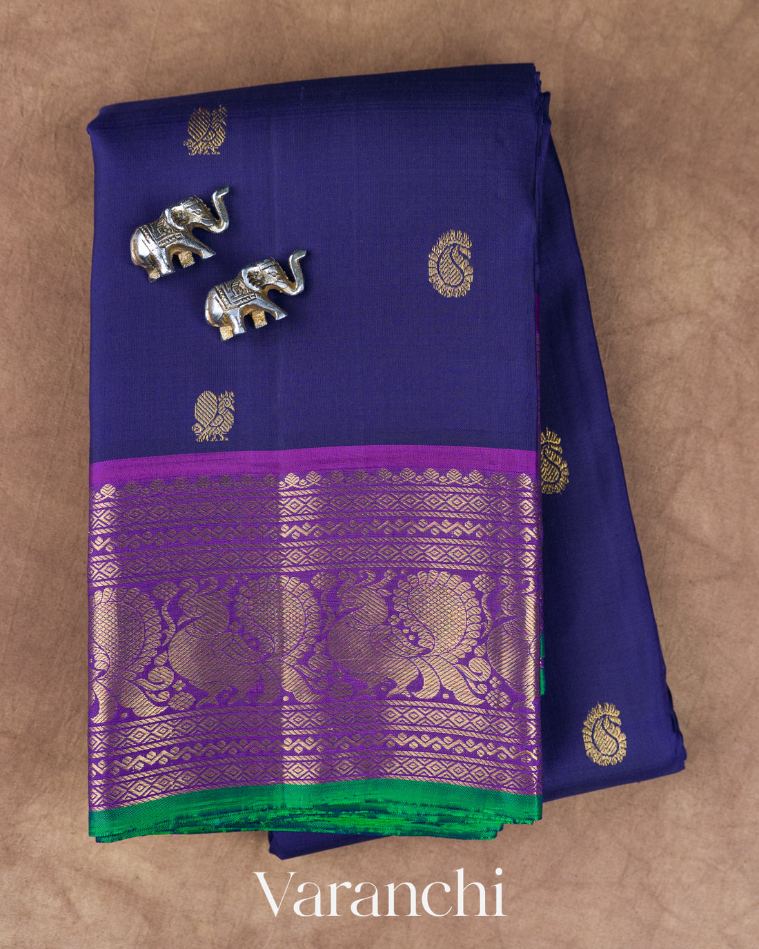 Navy Blue Pure Kanchipuram Silk Handloom Saree — Folded