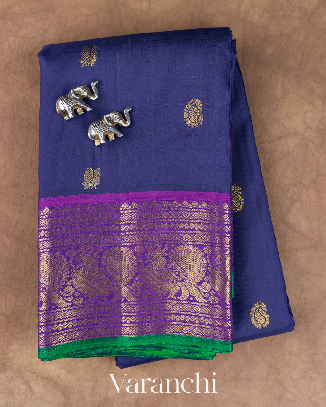 Navy Blue Pure Kanchipuram Silk Handloom Saree — Folded