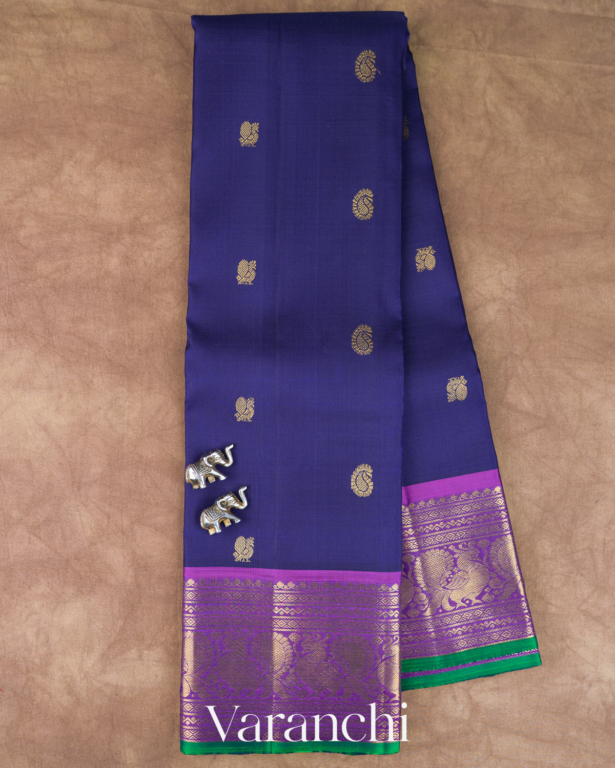 Navy Blue Pure Kanchipuram Silk Handloom Saree — Full Saree