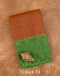 Rust Orange Checkered Pure Soft Silk Handloom Saree — Folded
