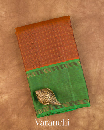 Rust Orange Checkered Pure Soft Silk Handloom Saree — Folded