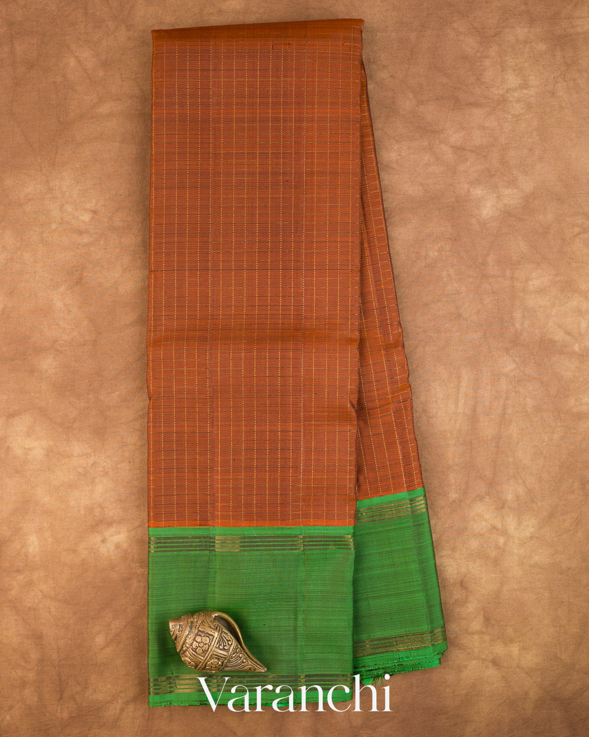 Rust Orange Checkered Pure Soft Silk Handloom Saree — Full Saree