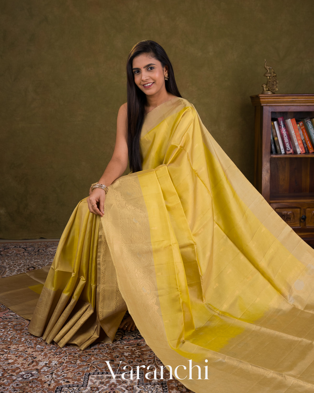 Lime Yellow Pure Soft Silk Handloom Saree — Draped