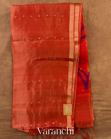 Hot Red Sequin with Floral Jamdani Pure Muslin Silk Handloom Saree — Full Saree