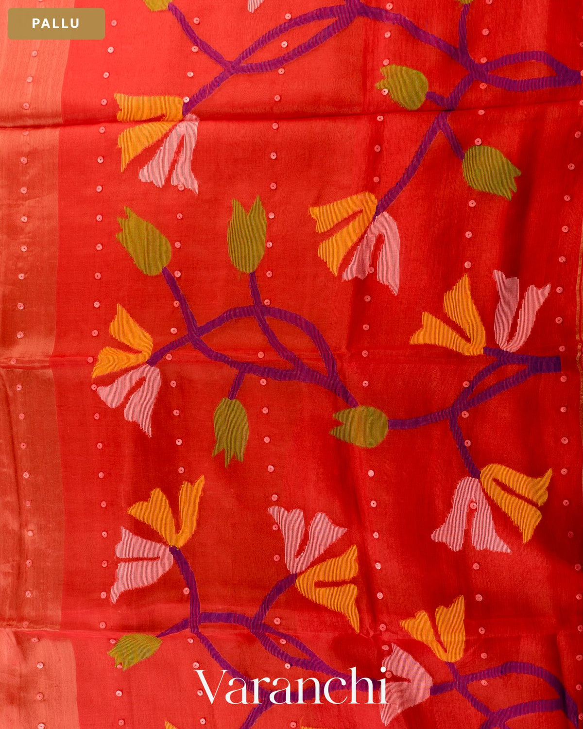 Hot Red Sequin with Floral Jamdani Pure Muslin Silk Handloom Saree — Pallu