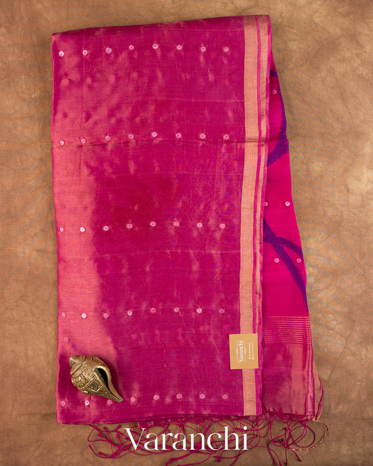 Deep Magenta Sequin with Jamdani Pure Muslin Silk Handloom Saree — Full Saree