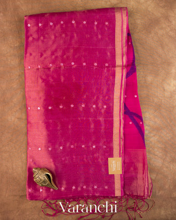 Deep Magenta Sequin with Jamdani Pure Muslin Silk Handloom Saree — Full Saree