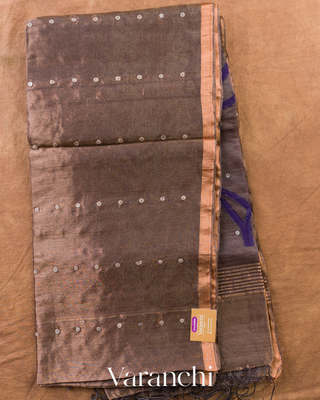 Earthy Brown Sequin with Jamdani Pure Muslin Silk Handloom Saree — Full Saree