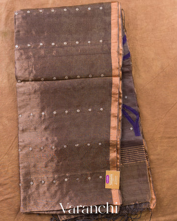 Earthy Brown Sequin with Jamdani Pure Muslin Silk Handloom Saree — Full Saree