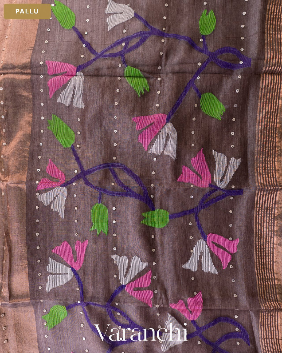 Earthy Brown Sequin with Jamdani Pure Muslin Silk Handloom Saree — Pallu