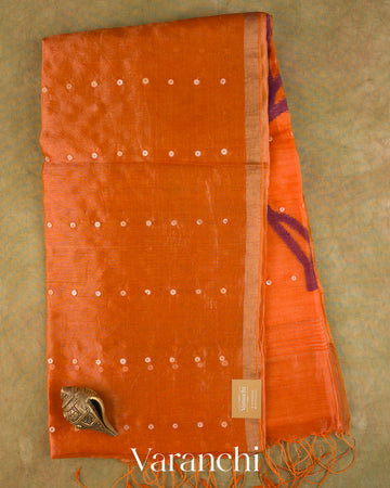 Marigold Orange Sequin with Jamdani Pure Muslin Silk Handloom Saree — Full Saree