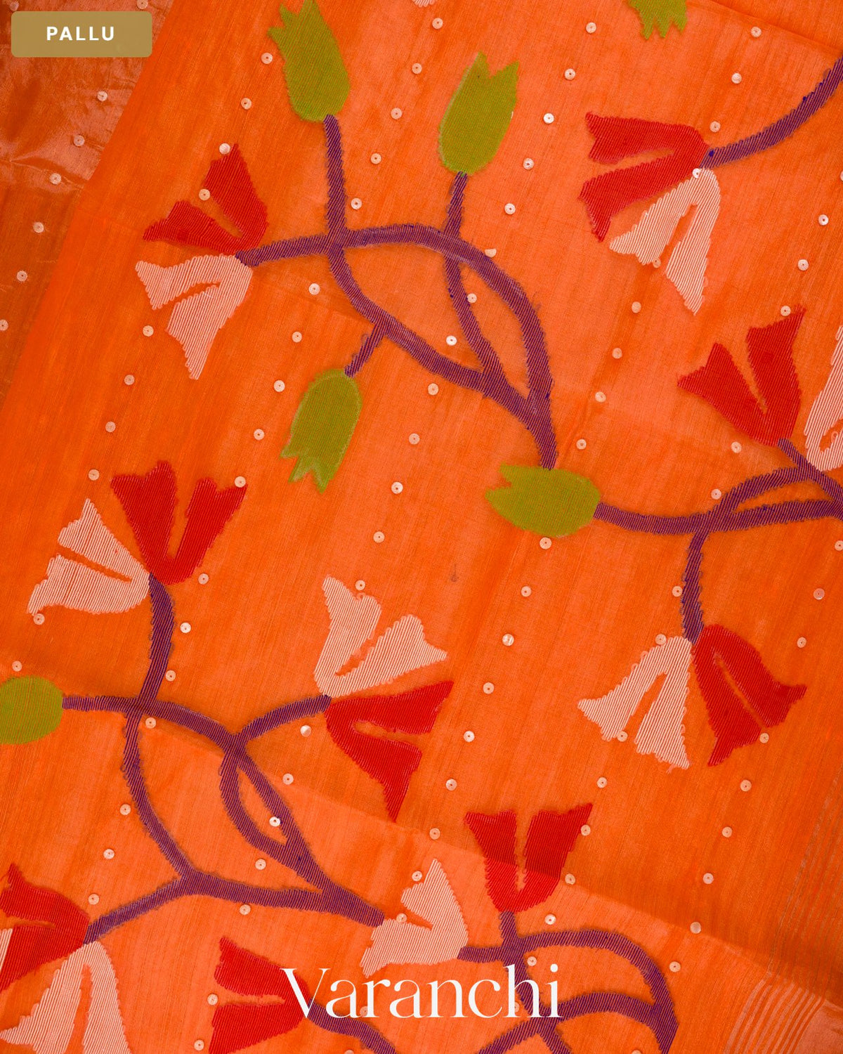 Marigold Orange Sequin with Jamdani Pure Muslin Silk Handloom Saree — Pallu