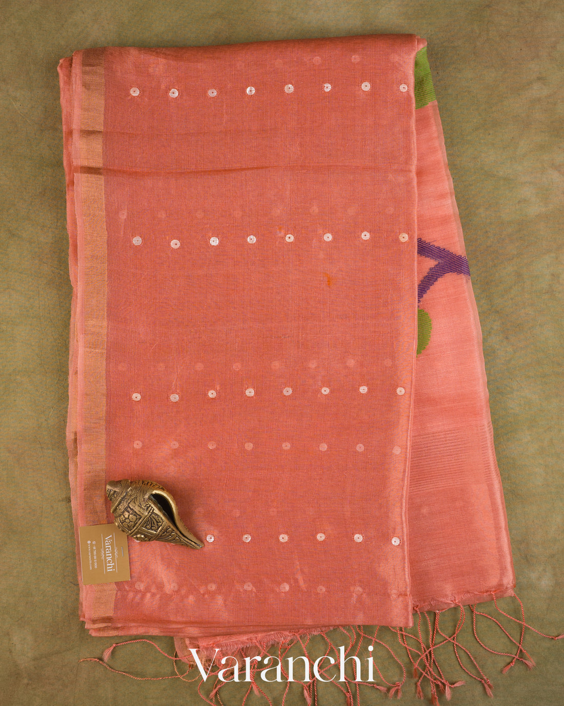 Peach Sequin with Floral Jamdani Pure Muslin Silk Handloom Saree — Full Saree