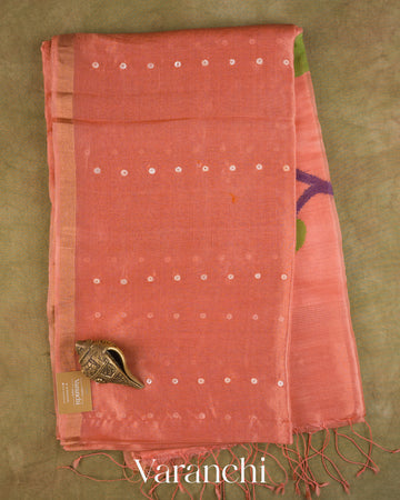 Peach Sequin with Floral Jamdani Pure Muslin Silk Handloom Saree — Full Saree