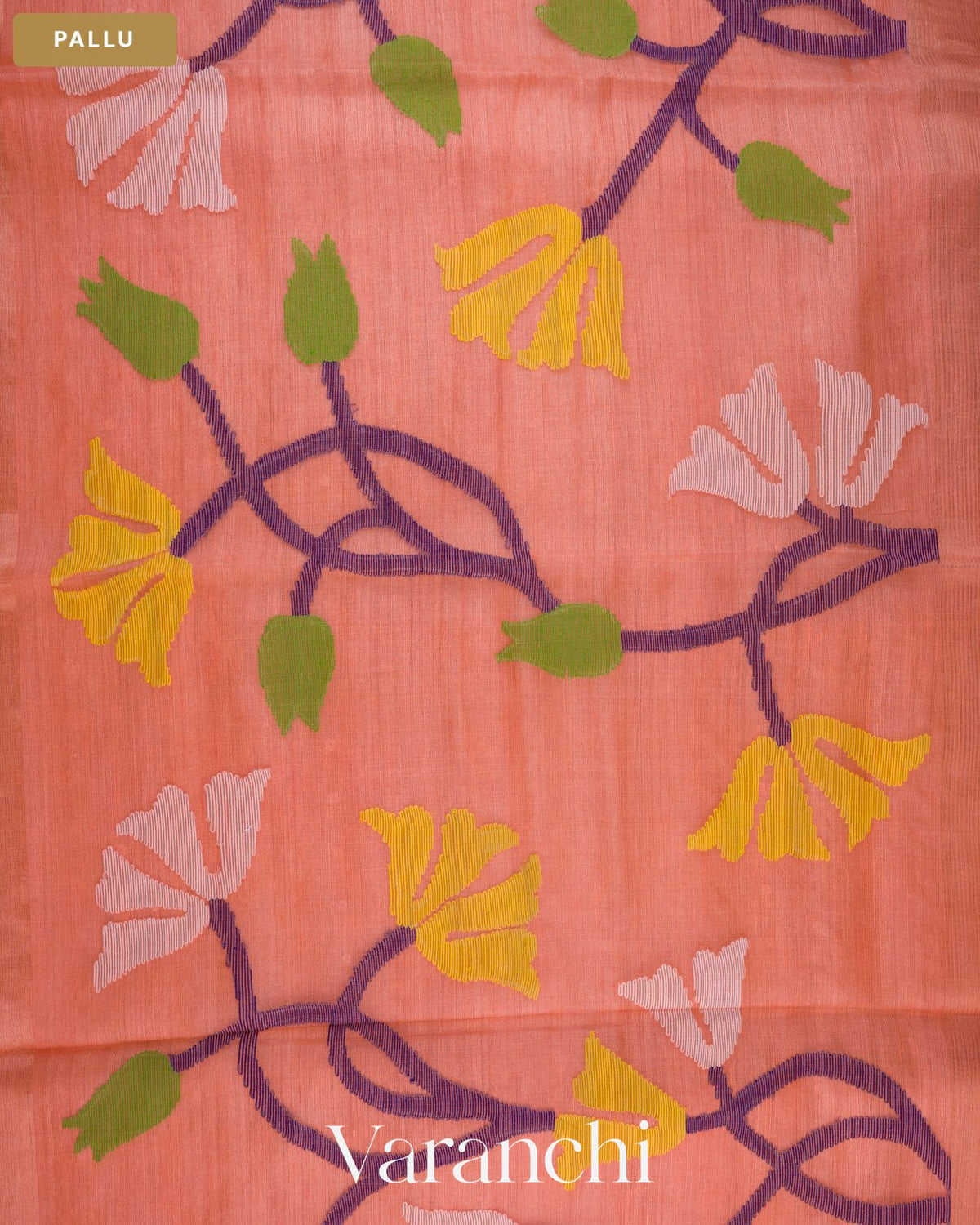 Peach Sequin with Floral Jamdani Pure Muslin Silk Handloom Saree — Pallu
