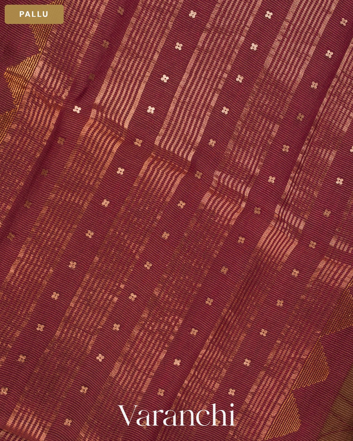 Wine Red Sequin Embroidery Striped Pure Muslin Silk Handloom Saree — Pallu