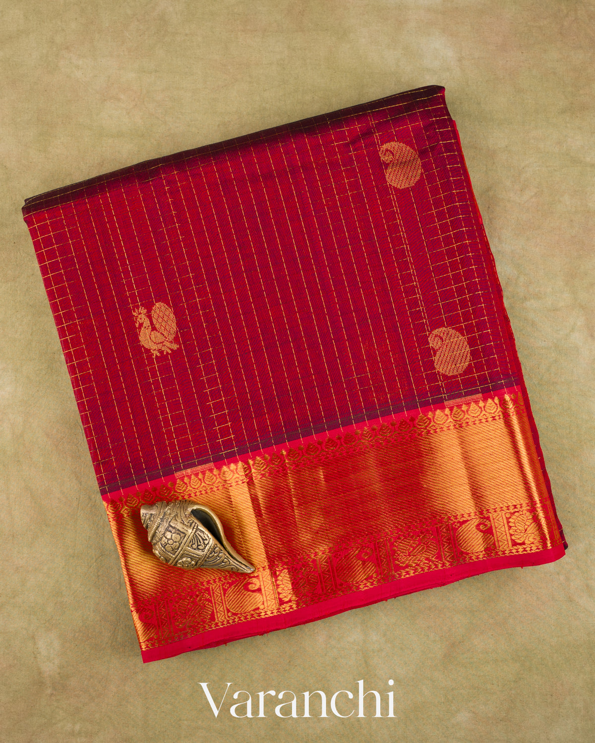 Maroon Pure Kanchipuram Silk Cotton Handloom Saree — Folded