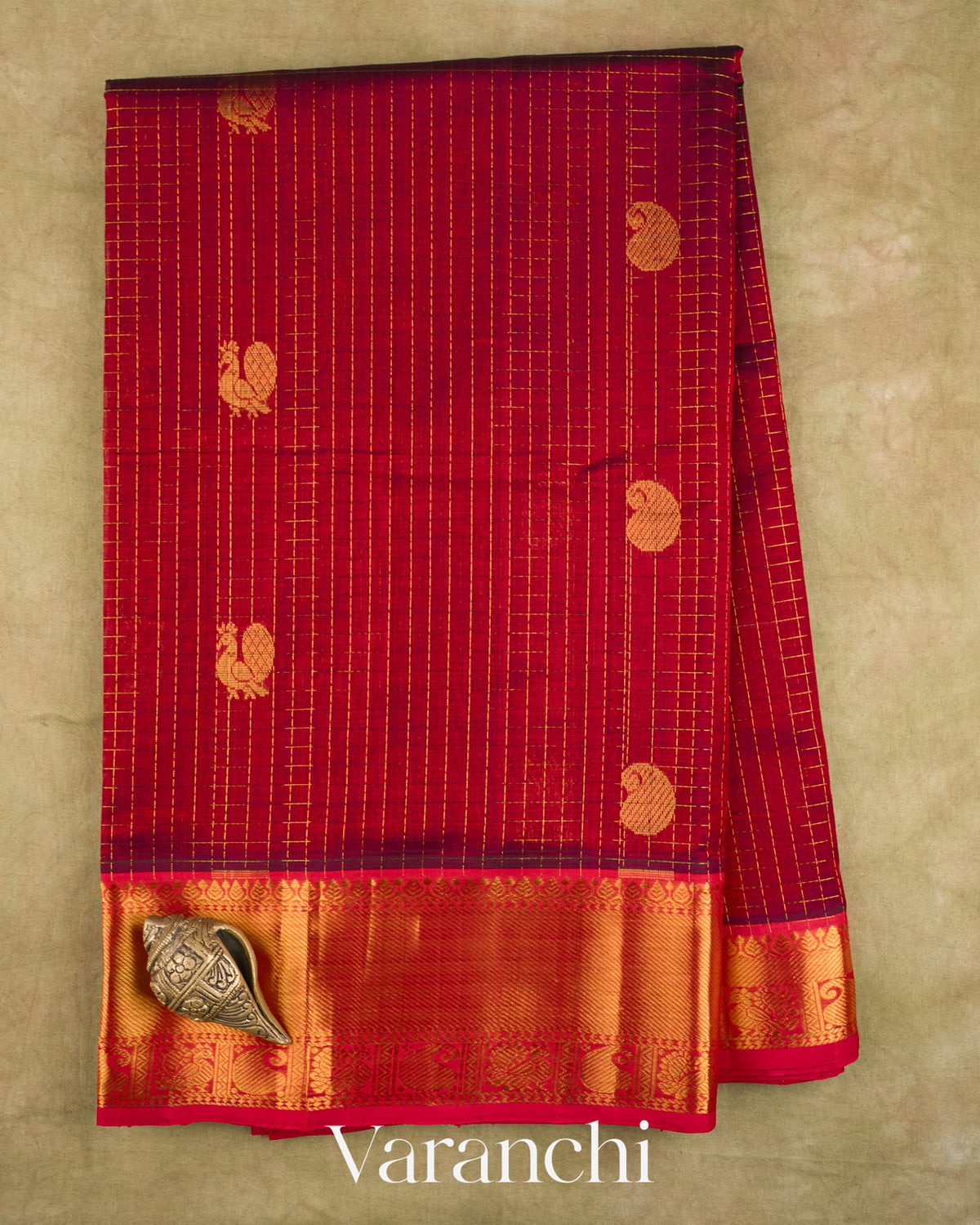Maroon Pure Kanchipuram Silk Cotton Handloom Saree — Full Saree